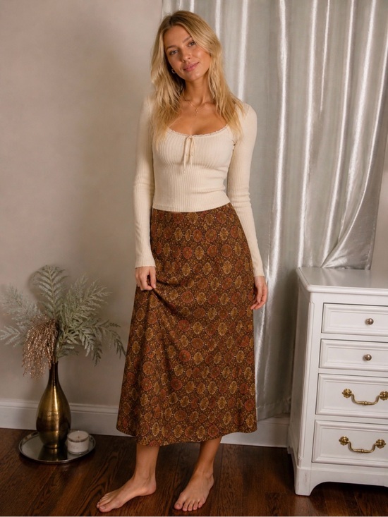 Southern Lady Dresses & Skirts - Mid Century Modern Vintage Brown Patterned Midi Skirt Rayon & Wool